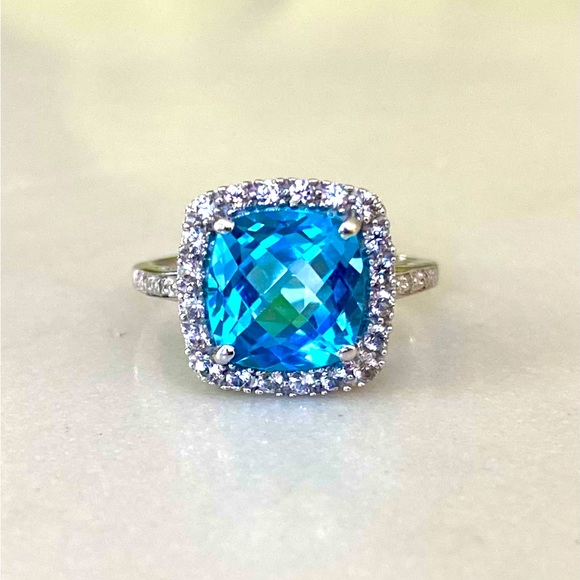 BRAND NEW Swiss Blue Topaz Diamond Halo Ring, 10k White Gold, Sz 6 - Picture 4 of 10